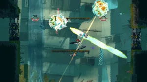 Una scena di Iron Bramble, con la protagonista appesa al rampino elastico dentro la megastruttura cyber gotica