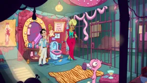 Larry nel completo bianco dentro un camerino rosa in Leisure Suit Larry - Wet Dreams Don't Dry