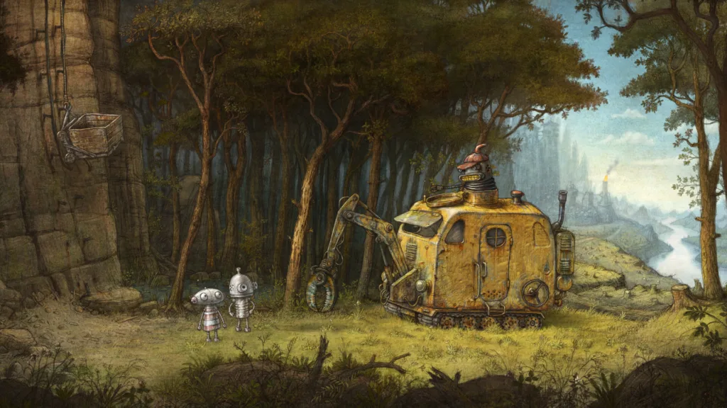 Una scena di Machinarium 2, l'avventura disegnata a mano di Amanita Design con i robot Josef e Berta