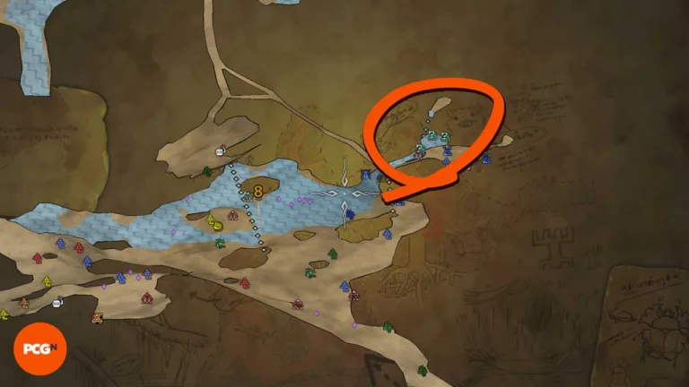 monster-hunter-wilds-grand-escunite-location-map Una mappa cerchiata che mostra il punto in cui si può trovare una Grande Escunite in Monster Hunter Wilds.