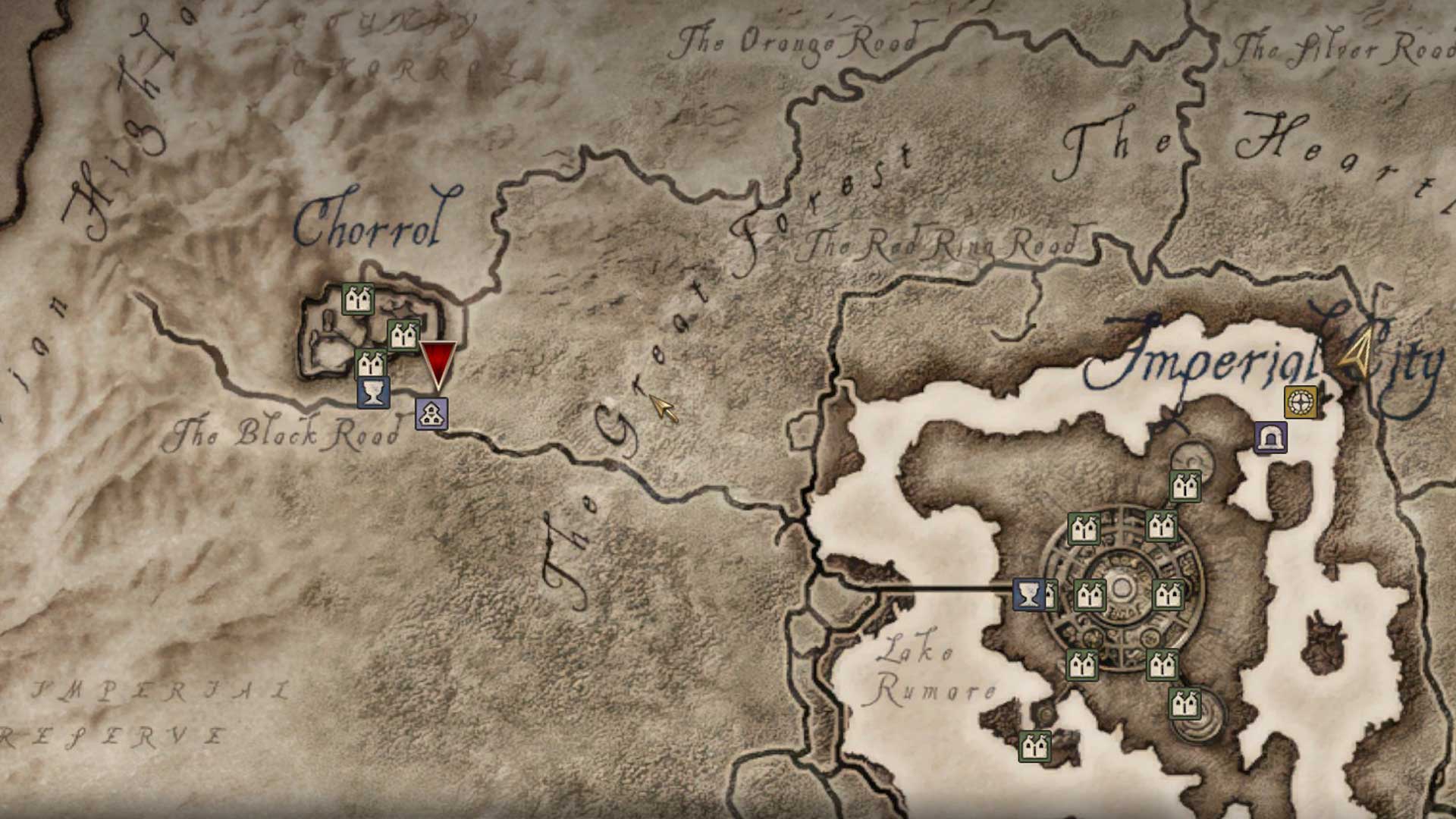 oblivion-remastered-fighters-guild-6-pcgamesn Chorrol sulla mappa in Oblivion Remastered.