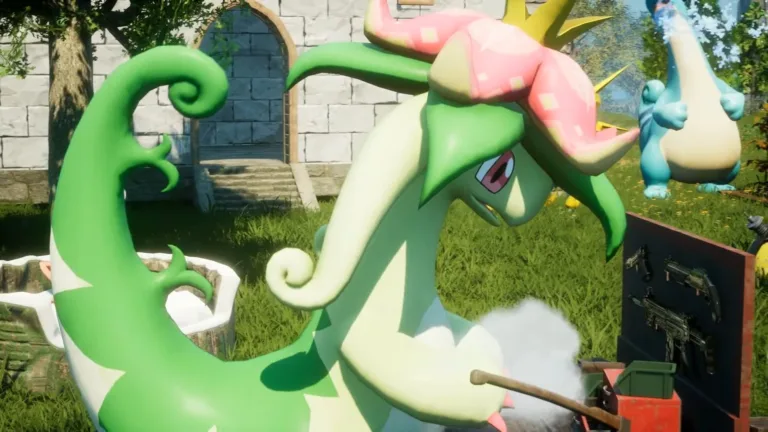 palworld-dinossom Dinossom is a palworld pal that resembles a dinosaur in a flower hat