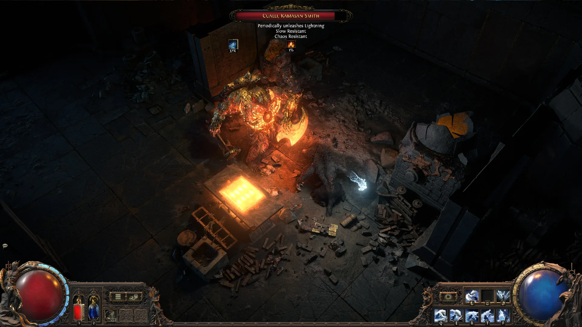 path-of-exile-2-last-of-the-druids-wolf-boss-gameplay-vaal-temple-smith Path of Exile 2 Last of the Druids - A Werewolf Druid fights a Vaal Smith in the underground temple of Atziri.
