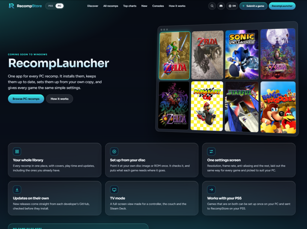 RecompLauncher mette in un solo catalogo le ricompilazioni per PC, ma il launcher non c’è ancora