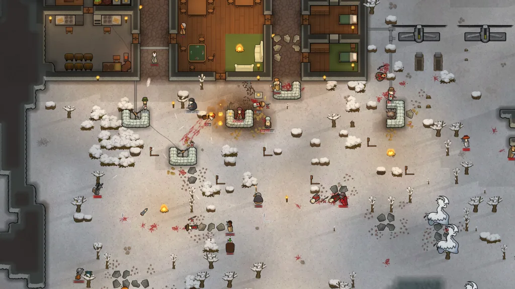 Una colonia di RimWorld vista dall'alto, con stanze, coloni e magazzini
