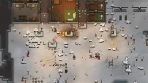 Una colonia di RimWorld vista dall'alto, con stanze, coloni e magazzini