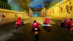 Il Runner di Sky Dust combatte con la lama di energia in una strada al neon della San Paolo avvelenata dalla polvere lunare