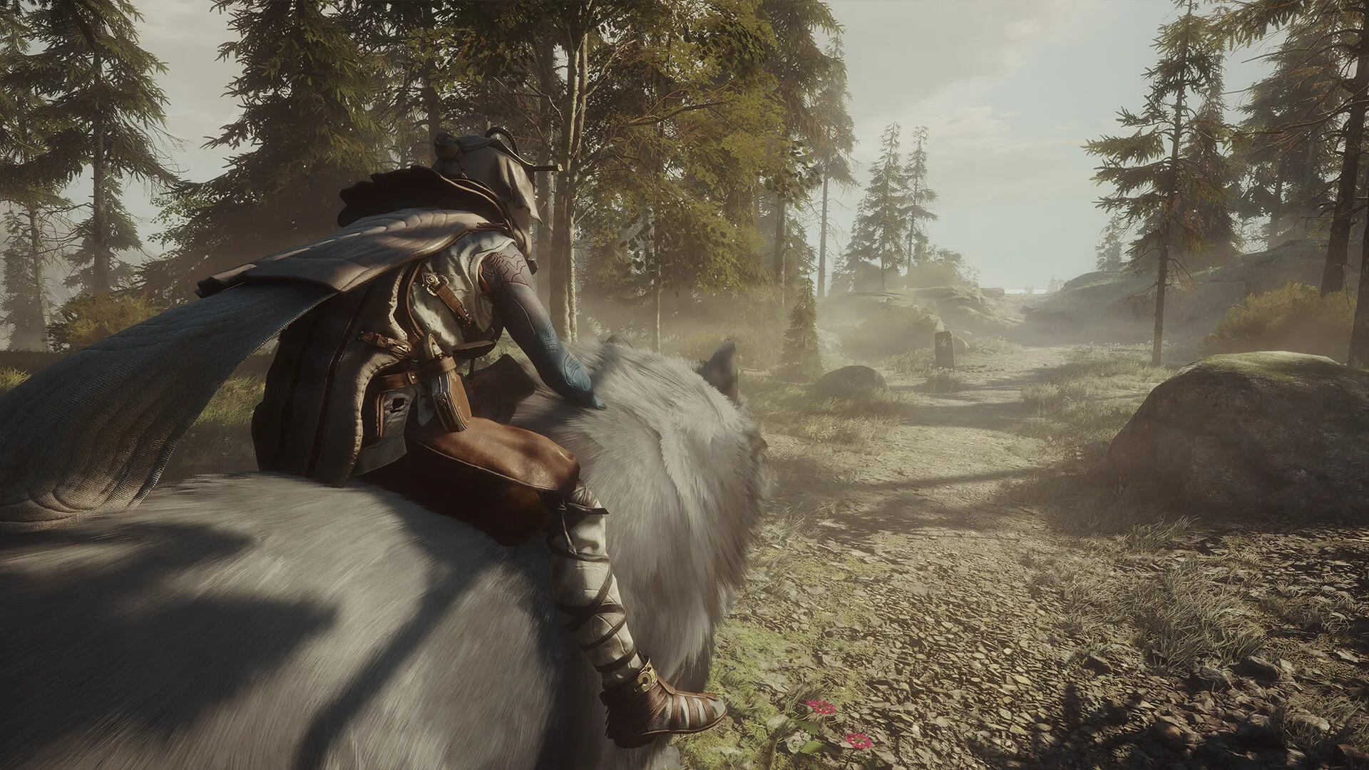 Soulframe, il fantasy dei creatori di Warframe, apre a tutti il 6 novembre senza coda 4 Un personaggio di Soulframe in sella a un grande lupo grigio lungo un sentiero di bosco