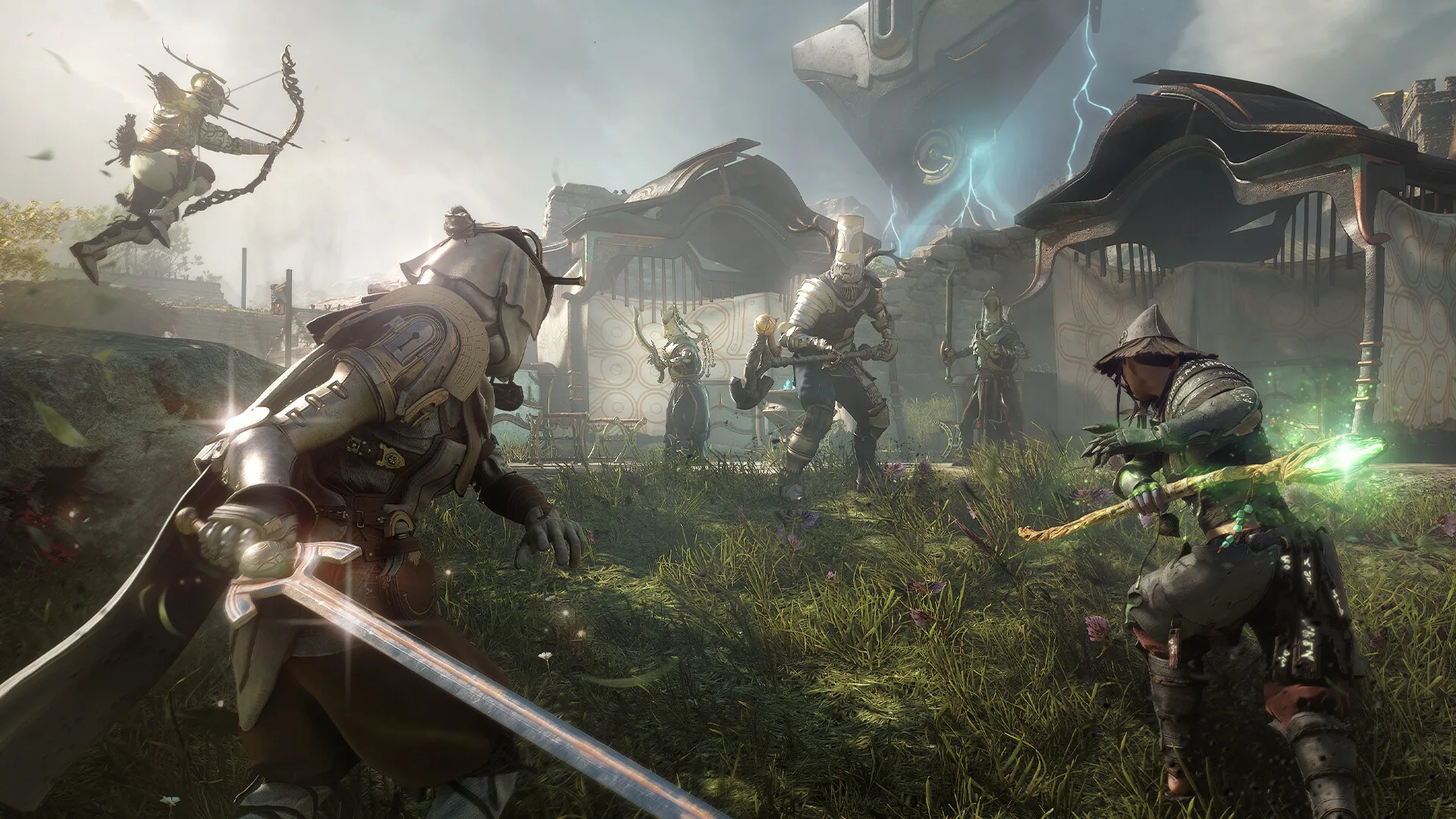 Soulframe, il fantasy dei creatori di Warframe, apre a tutti il 6 novembre senza coda 3 Scontro in un cortile di rovine di Soulframe: un guerriero con una grande spada, un arciere in volo e un nemico con un bastone verde