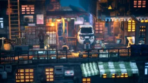 Un vicolo illuminato dalle insegne nella Kowloon di The 9th Dragon, con il protagonista fra i passaggi stretti