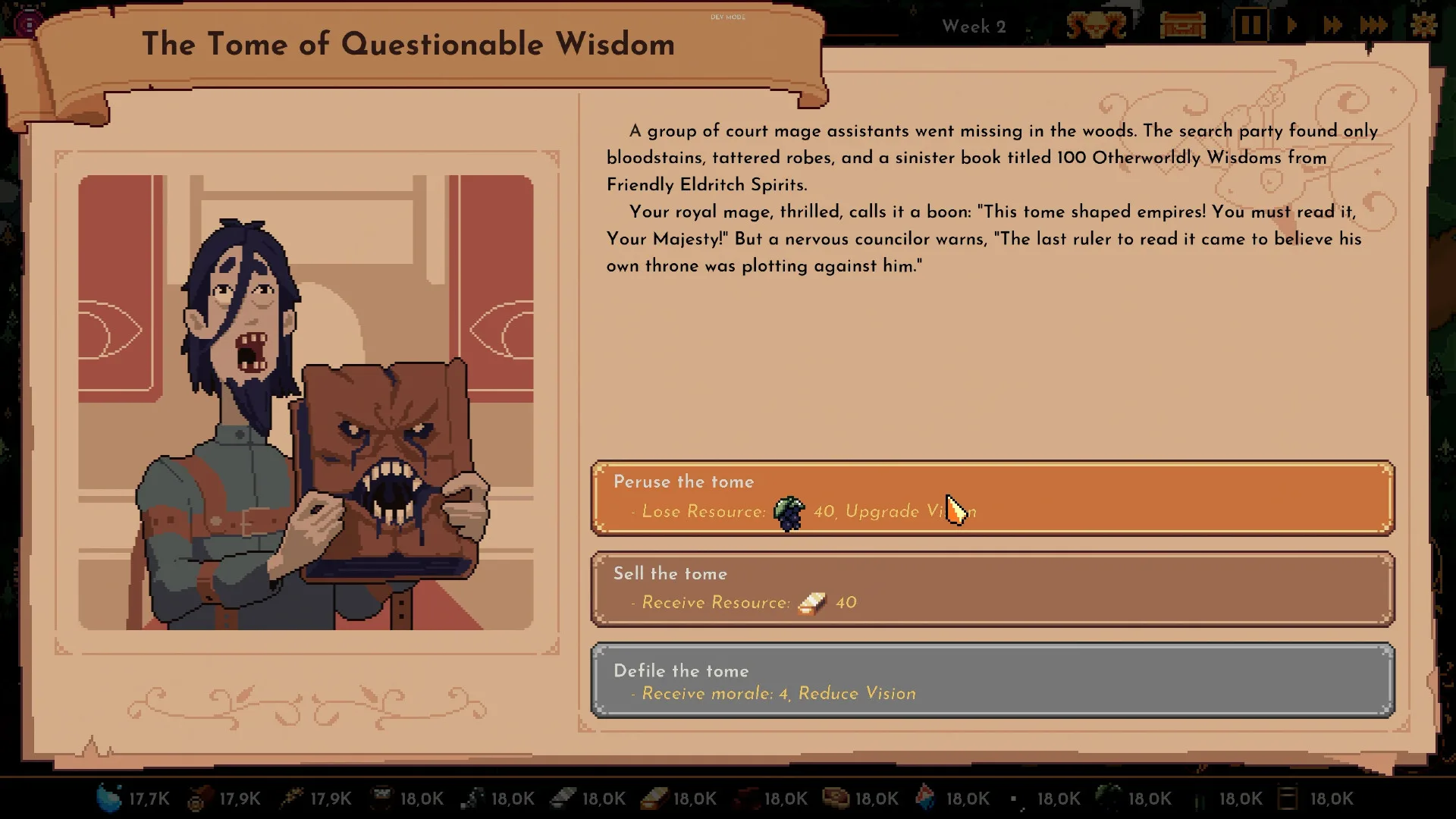 the-king-is-watching-steam-player-count-updates-events The King is Watching - An event called 'The Tome of Questionable Wisdom."