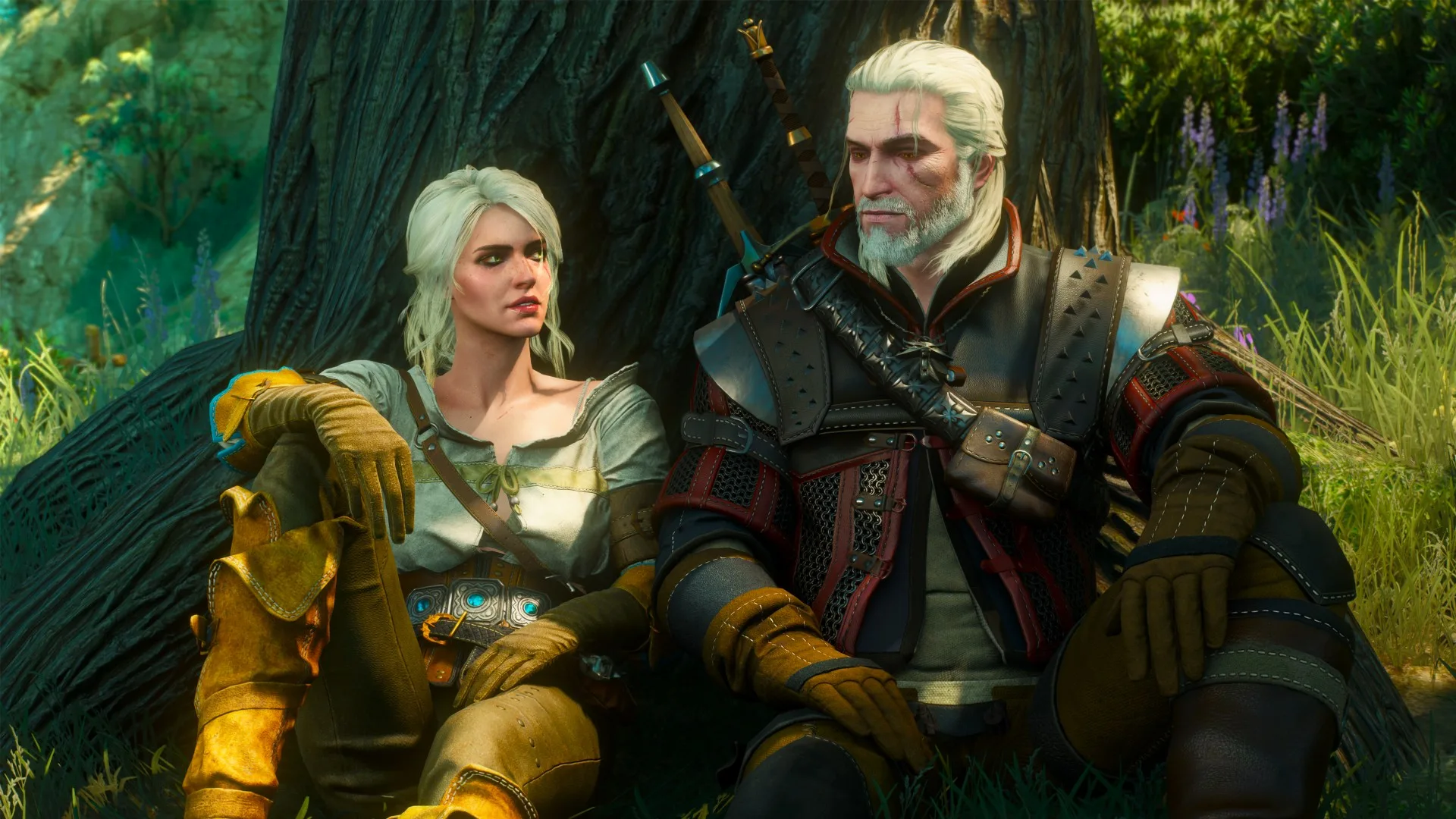 The Witcher 3 Remastered is the perfect excuse to get back on the Path, even if it looks a bit too colorful: An image of Ciri and Geralt sitting together leaning on a tree in a lush green area