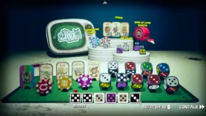 Il tavolo da gioco con i dadi del quiz televisivo in The Zibbo Show, il gioco di dadi e carte di Tessera Studios