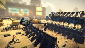 Una moto in volo su un tracciato di Trials Rising, l'ultimo gioco dello studio RedLynx che Ubisoft chiude