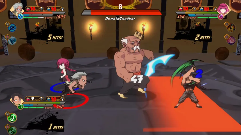 Tre eroi affrontano insieme un boss gigante dentro un tempio in Unrivaled Heroes