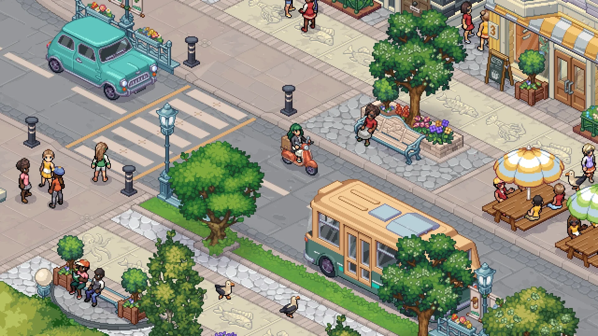 witchbrook-life-sim-stardew-valley-delayed Witchbrook: A person on an orange scooter riding through a busy street
