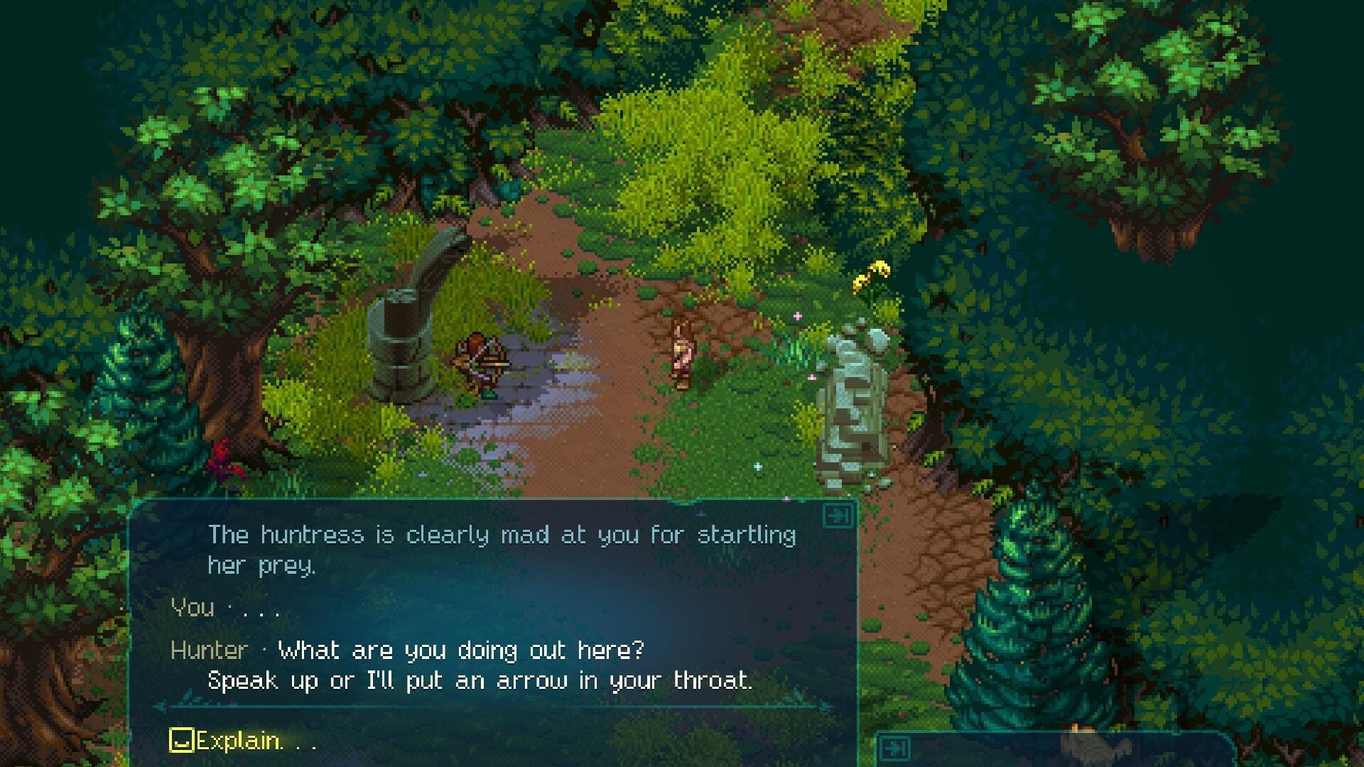 Il GDR in pixel art World of Anterra ha 150.000 wishlist, nessuna data di uscita e un fascino enorme 3 In World of Anterra una cacciatrice ferma il protagonista su un sentiero nel bosco
