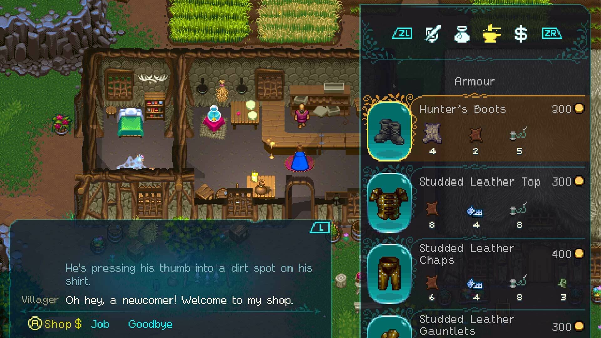 Il GDR in pixel art World of Anterra ha 150.000 wishlist, nessuna data di uscita e un fascino enorme 4 La bottega di un villaggio in World of Anterra, con il menu delle armature aperto